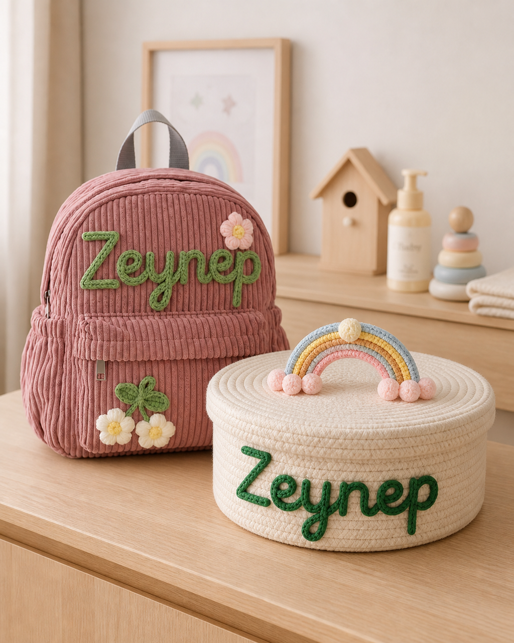 LumiaBag sırt çantası ve LumiaSepet birlikte; ikisinde de yeşil örgü iple "Zeynep" ismi