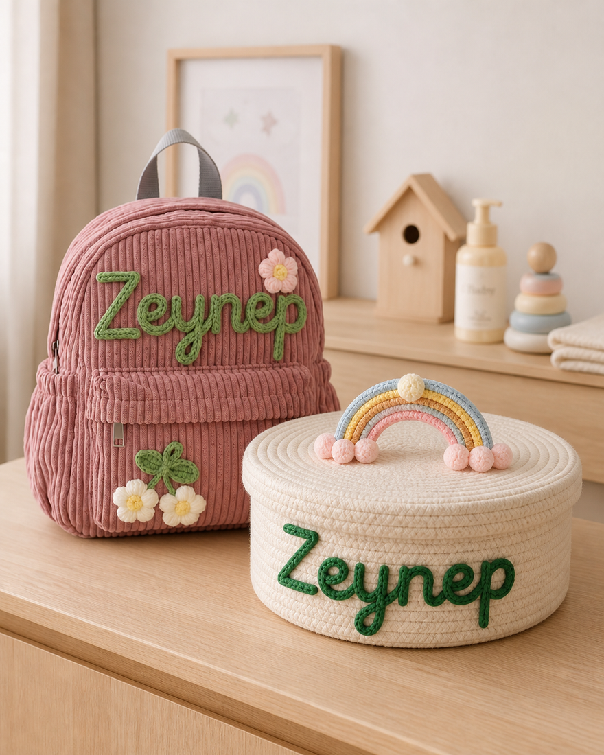 LumiaBag sırt çantası ve LumiaSepet birlikte; ikisinde de yeşil örgü iple "Zeynep" ismi