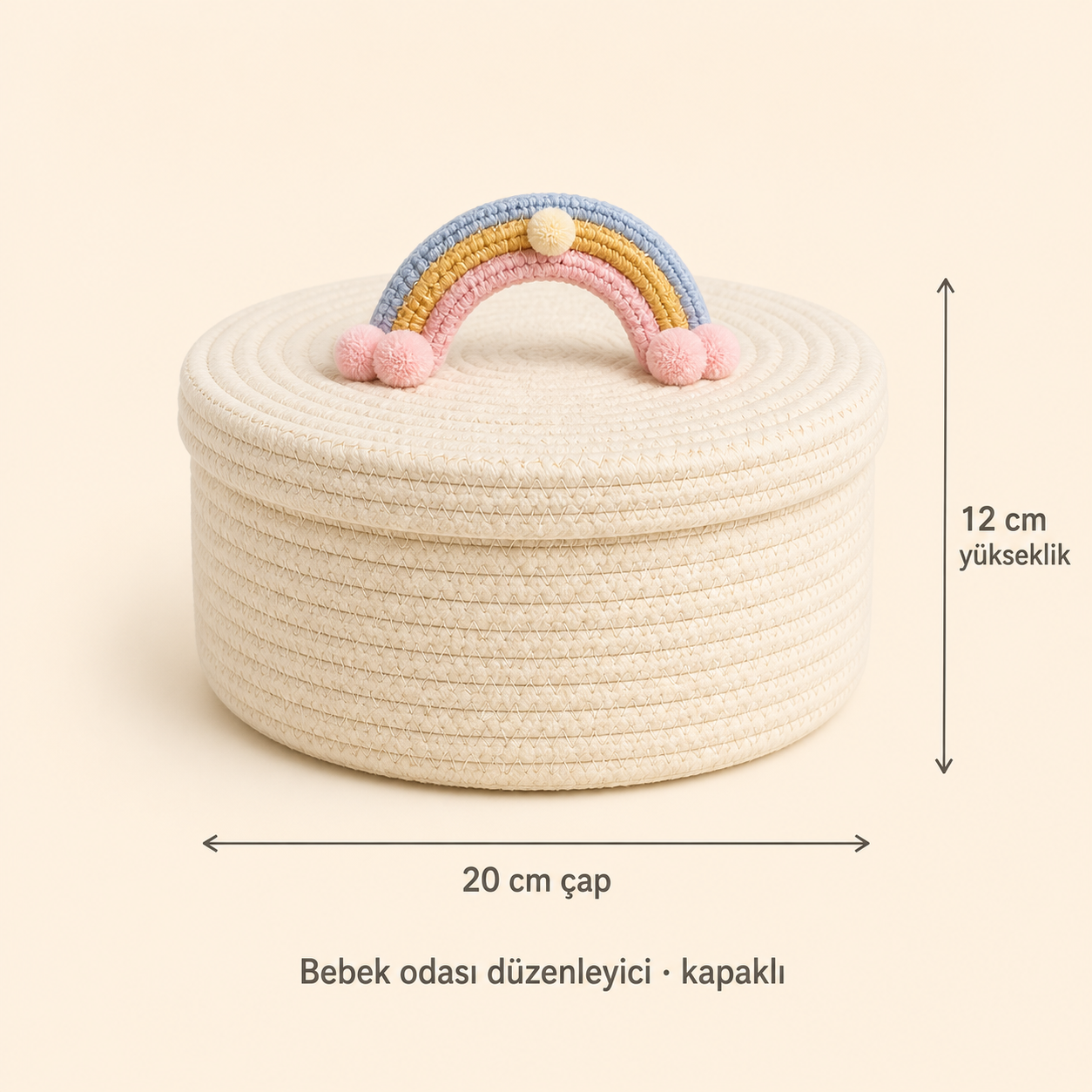 LumiaSepet ölçüleri: 20 cm çap, 12 cm yükseklik — kapaklı bebek odası düzenleyicisi
