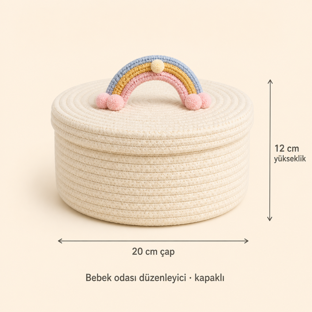LumiaSepet ölçüleri: 20 cm çap, 12 cm yükseklik — kapaklı bebek odası düzenleyicisi